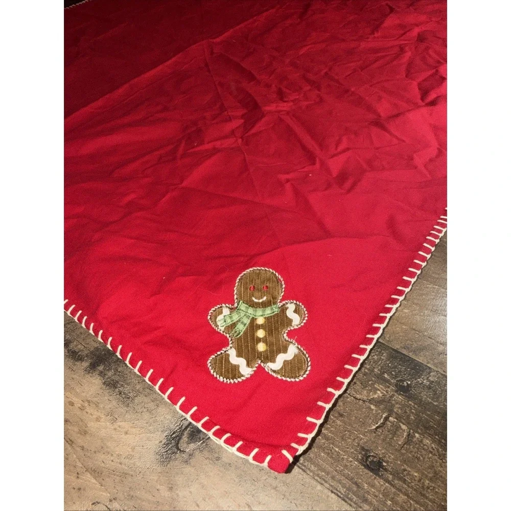 Vtg Christmas Cotton Tablecloth Topper 39x39 Red Applique Santa Snowman Tree